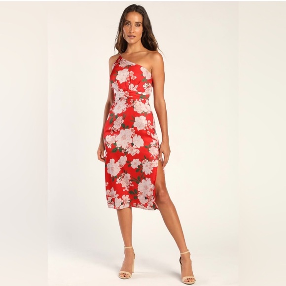 NWT Lulu’s truly darling red floral print satin one shoulder midi dress medium - Picture 1 of 4